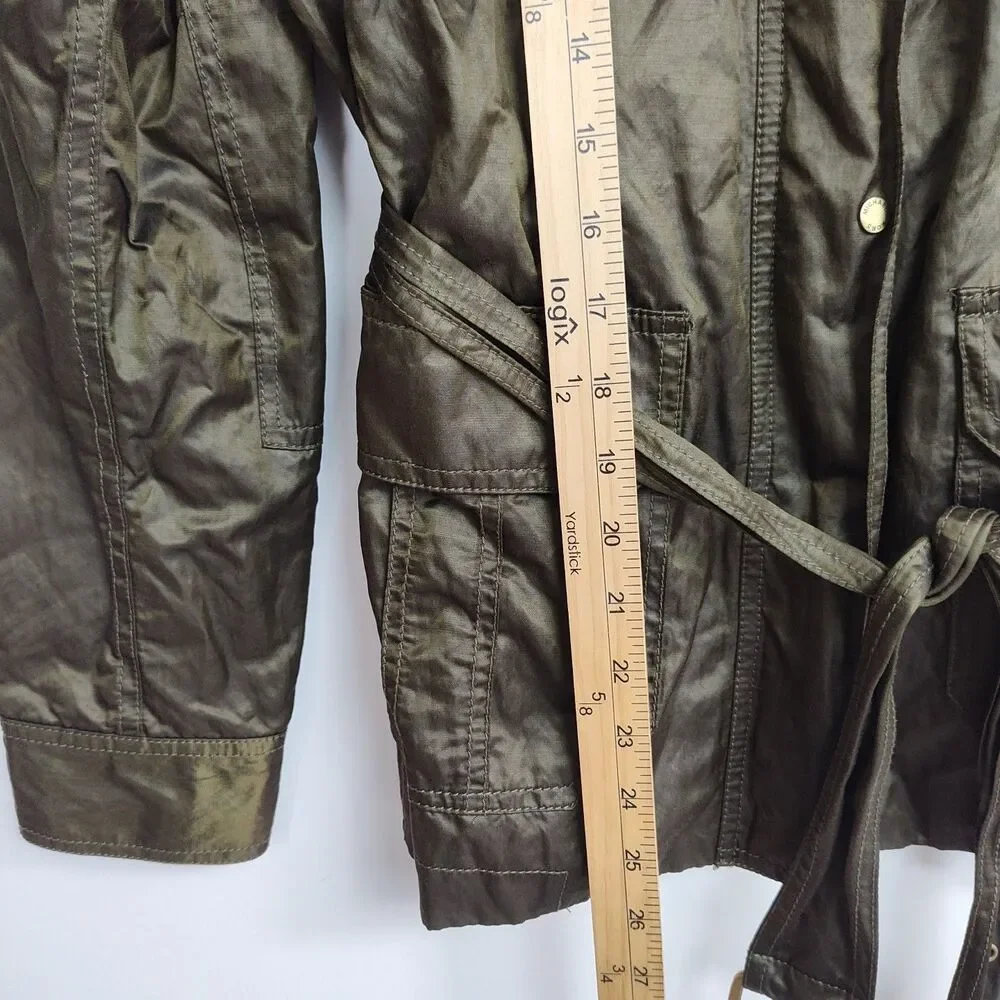 Michael Kors Rain Jacket Women's M Olive Green‎ Belted Full Zip Pockets